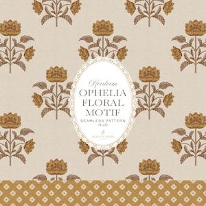 Ophelia Vintage Blommotiv Seamless Mönster Duo | Handritat Heritage Surface Mönster | Senapsguld