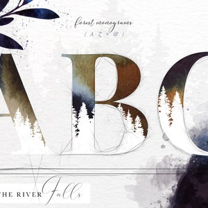 May include: Watercolor illustration of the letters A, B, and C with a forest scene inside each letter. The letters are in a gold and blue color scheme. The text "forest monograms (A, B, & C)" is above the letters. The text "WHERE THE RIVER Falls" is below the letters.