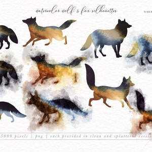 May include: Watercolor illustrations of wolves and foxes in various poses. The silhouettes are painted in shades of blue, brown, and gold, with a splattered watercolor background. The text "WHERE THE RIVER FALLS" is written in the top right corner.