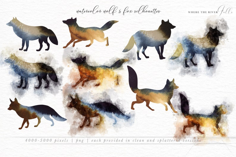 May include: Watercolor illustrations of wolves and foxes in various poses. The silhouettes are painted in shades of blue, brown, and gold, with a splattered watercolor background. The text "WHERE THE RIVER FALLS" is written in the top right corner.