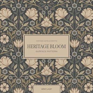 Puede incluir: Un patrón floral de superficie con una estética vintage. El diseño presenta flores y follaje estilizados en tonos beige, gris y dorado sobre un fondo gris oscuro. Se muestra el texto "HERITAGE BLOOM".