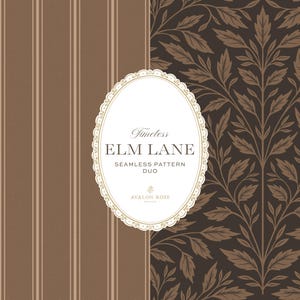 Puede incluir: Un gráfico digital que presenta un dúo de patrones sin costuras titulado Timeless ELM LANE SEAMLESS PATTERN DUO de AVALON ROSE. El lado izquierdo muestra rayas verticales marrones, mientras que el derecho presenta un patrón de hojas botánicas marrón oscuro.