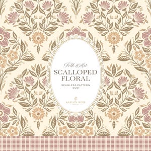 May include: A seamless pattern featuring a repeating floral motif in muted pink, tan, and cream tones. A central oval frame contains the text: Folk Art SCALLOPED FLORAL SEAMLESS PATTERN DUO AVALON ROSE. A pink and white plaid border runs along the bottom.