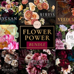 Könnte beinhalten: Eine Sammlung von sechs floralen Clipart-Paketen, jedes mit einem anderen Farbschema und einer anderen Blumenanordnung. Die Pakete sind mit "Sylvan", "Mimosa", "Velour", "Plush", "Aphrodite" und "Raspberry" betitelt. Die Sammlung trägt den Titel "Flower Power Bundle Vol. 5".
