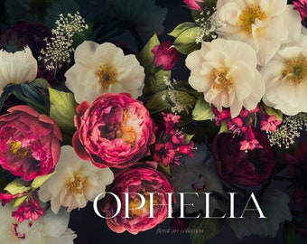 Ophelia Moody Floral Clip Art Bundle - Dark Botanical PNG Collection - Burgundy White - Commercial Use
