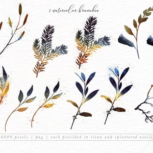 May include: A set of 10 watercolor illustrations of branches in shades of blue, brown, and gold. The branches are in various styles, some with leaves and some without. The illustrations are perfect for adding a touch of nature to your designs.