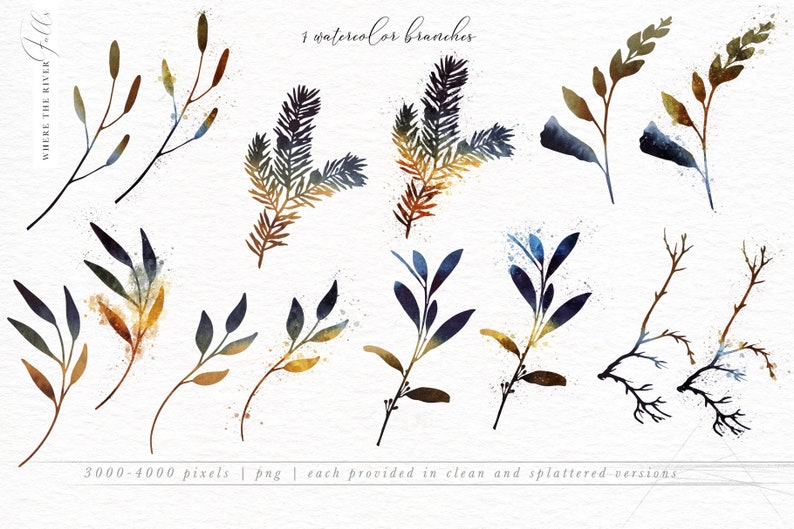 May include: A set of 10 watercolor illustrations of branches in shades of blue, brown, and gold. The branches are in various styles, some with leaves and some without. The illustrations are perfect for adding a touch of nature to your designs.