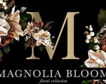 Magnolia Bloom Autumn Flowers & Monograms Graphics Clip Art Kit - Commercial Use