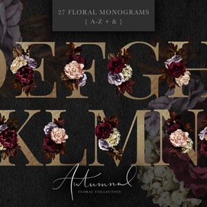May include: 27 floral monogram letters in gold with burgundy, blush, and purple flowers. The letters are D, E, F, G, H, I, J, K, L, M, N, and O. The text "27 Floral Monograms {A-Z + &}" and "Autumnal Floral Collection" are also included.