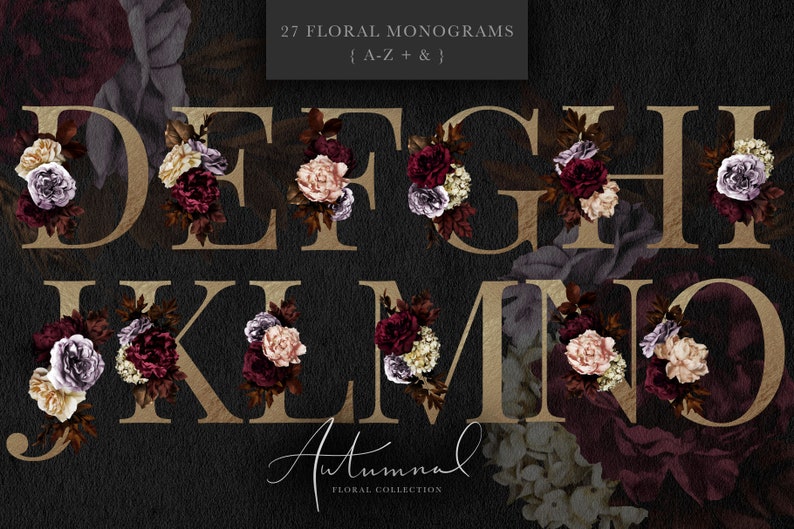 May include: 27 floral monogram letters in gold with burgundy, blush, and purple flowers. The letters are D, E, F, G, H, I, J, K, L, M, N, and O. The text "27 Floral Monograms {A-Z + &}" and "Autumnal Floral Collection" are also included.