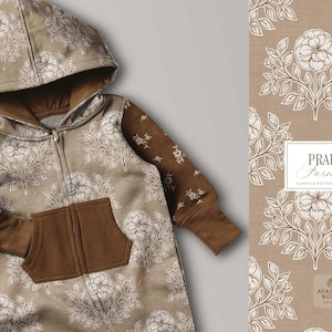 Prairie Farmhouse Surface Pattern Collection featuring brown and beige hand drawn floral surface patterns on baby clothes