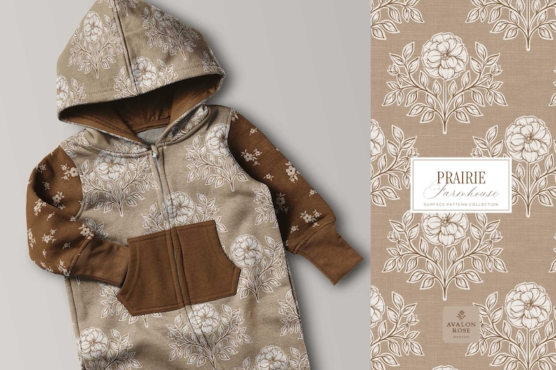 Prairie Farmhouse Surface Pattern Collection featuring brown and beige hand drawn floral surface patterns on baby clothes