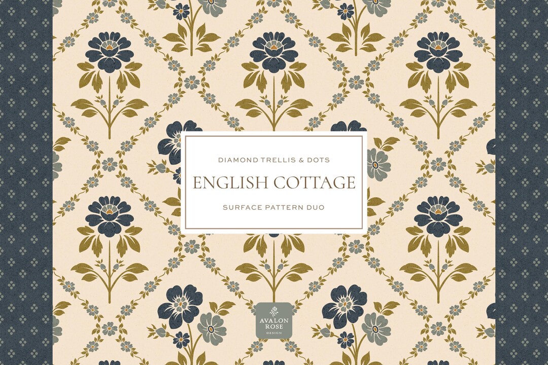 English Cottage Floral Diamond Trellis Seamless Pattern Duo - Blue ...