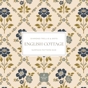 May include: A repeating pattern featuring stylized blue flowers and olive green leaves on a cream background. The design includes diamond trellis and dot patterns, with the text "ENGLISH COTTAGE" in a rectangular frame. A dark blue patterned border is on the right.