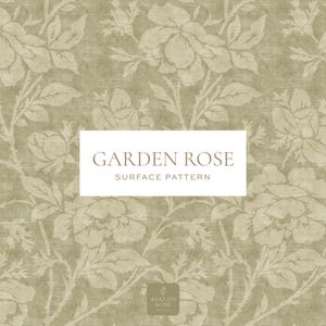 May include: A beige floral surface pattern with large rose motifs and leaves in off-white. The design includes the text "GARDEN ROSE SURFACE PATTERN" in a white rectangular box. The overall aesthetic is vintage.