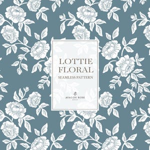 May include: A seamless pattern featuring white line-art floral illustrations of roses and leaves set against a muted blue background. A central white rectangular label displays the text LOTTIE FLORAL SEAMLESS PATTERN and AVALON ROSE DESIGN.