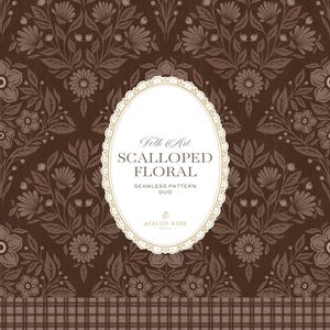 May include: A dark brown seamless pattern featuring repeating floral motifs with scalloped edges. A central white oval label contains the text Folk Art SCALLOPED FLORAL SEAMLESS PATTERN DUO AVALON ROSE. A horizontal plaid border runs along the bottom edge.