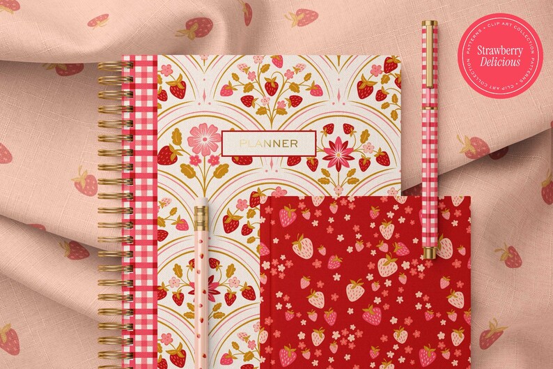 May include: A collection of stationery items with a strawberry theme. Includes a spiral-bound planner, a notebook, a pencil, and a pen. The planner and pencil have a floral and strawberry design, while the notebook features a red strawberry pattern. The pen has a pink and white checkered pattern.