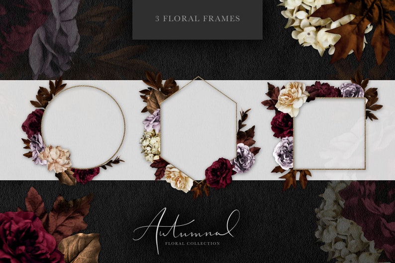 May include: Three floral frames with gold accents. The frames are decorated with burgundy, cream, and purple flowers. The text "Autumnal Floral Collection" is at the bottom of the image.
