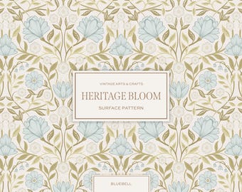 Sömlöst blommönster i vintagestil, vitblå – handritad konst- och hantverksdesign