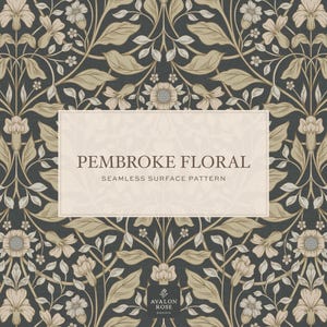 May include: A seamless surface pattern titled "Pembroke Floral" featuring a repeating design of stylized flowers and foliage in muted tones of beige and gray-green. The design includes the text "Pembroke Floral" and "Seamless Surface Pattern".