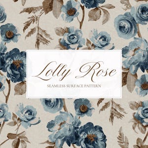 Puede incluir: Patrón de superficie sin costuras con rosas azules y follaje marrón sobre un fondo beige. El diseño incluye el texto "Lolly Rose" y "Seamless Surface Pattern" en un rectángulo blanco.