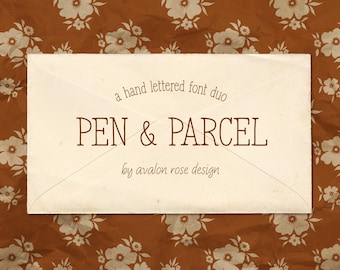 May include: A cream-colored envelope with the text "PEN & PARCEL" in brown lettering, part of a hand-lettered font duo. The background features a brown floral pattern with white flowers, creating a vintage aesthetic.