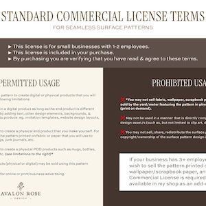 May include: A document titled "STANDARD COMMERCIAL LICENSE TERMS" for seamless surface patterns. The text details permitted and prohibited uses, including limitations on the number of end products and restrictions on selling fabric or wallpaper. The Avalon Rose Design logo is at the bottom.