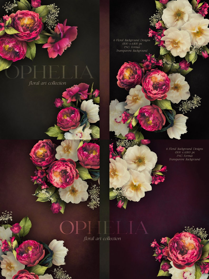 Ophelia Moody Floral Clip Art Bundle - Dark Botanical PNG Sammlung - Burgund Weiß - Kommerzielle Nutzung Bild 4