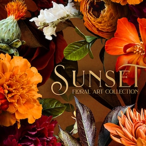 Könnte beinhalten: Eine Blumenkunst-Kollektion namens "Sunset" mit einer Auswahl an orangefarbenen, roten und grünen Blumen. Die Blumen sind in einem Strauß angeordnet und der Hintergrund ist braun.