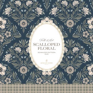Könnte beinhalten: Ein dunkelblauer Hintergrund mit einem sich wiederholenden Blumenmuster aus hellrosa und grauen Blüten und Blättern. Ein ovaler Rahmen in der Mitte enthält den Text Folk Art SCALLOPED FLORAL SEAMLESS PATTERN DUO und AVALON ROSE DESIGN.