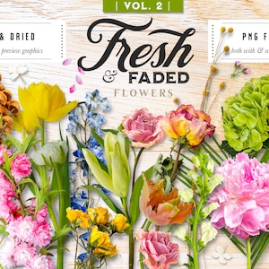 Conjunto de imágenes prediseñadas de creación de escenas florales frescas y descoloridas (uso comercial)
