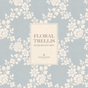 May include: A seamless pattern featuring cream-coloured floral trellis designs on a dusty blue background. A central rectangular label contains the text: FLORAL TRELLIS SEAMLESS PATTERN, with the brand name AVALON ROSE DESIGN printed below.