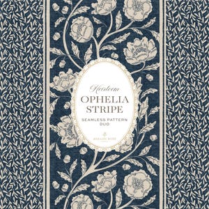 Ophelia Randigt Vintage Blommönster Duo | Handritat Heirloom Vallmo Ytmönster | Marinblå