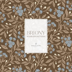 May include: A seamless pattern featuring light blue flowers and cream-coloured buds on a dark brown background with brown leaves and stems. A central white rectangular label displays the text BRIONY SEAMLESS PATTERN and AVALON ROSE DESIGN.