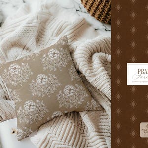 Prairie Farmhouse Surface Pattern Collection featuring brown and beige hand drawn floral surface pattern on a throw pillow