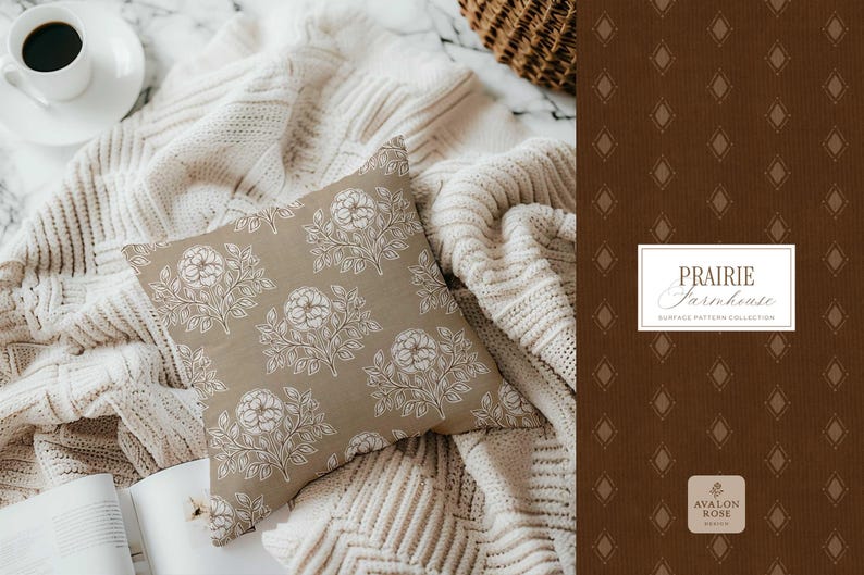 Prairie Farmhouse Surface Pattern Collection featuring brown and beige hand drawn floral surface pattern on a throw pillow