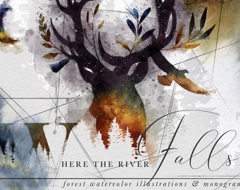 River Falls Forest Watercolors Clip Art Kit - Deer Bear Fox Eagle Moose - Commercial Use