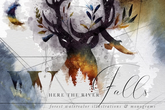 River Falls Forest Watercolors Clip Art Kit - Deer Bear Fox Eagle Moose - Commercial Use