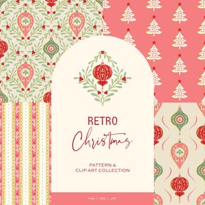 May include: A collection of retro Christmas patterns and clip art. The designs feature red and green ornaments, Christmas trees, and floral elements on a cream and pink background. The text "Retro Christmas" is displayed in a decorative font.