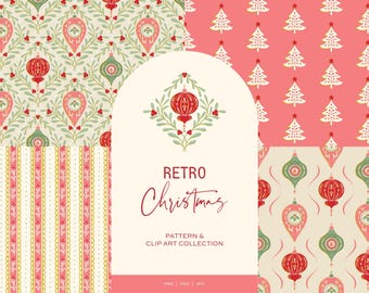 May include: A collection of retro Christmas patterns and clip art. The designs feature red and green ornaments, Christmas trees, and floral elements on a cream and pink background. The text "Retro Christmas" is displayed in a decorative font.