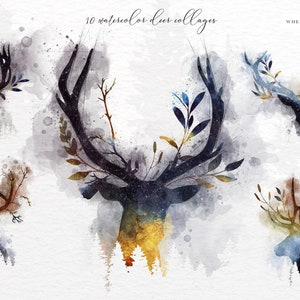 May include: A set of 10 watercolor deer head illustrations with a forest theme. The deer heads are surrounded by watercolor foliage and have a starry sky effect. The text "Where the River Falls" is in the top right corner of the image.