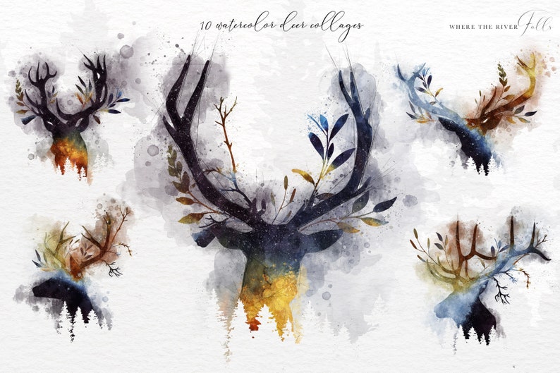 May include: A set of 10 watercolor deer head illustrations with a forest theme. The deer heads are surrounded by watercolor foliage and have a starry sky effect. The text "Where the River Falls" is in the top right corner of the image.