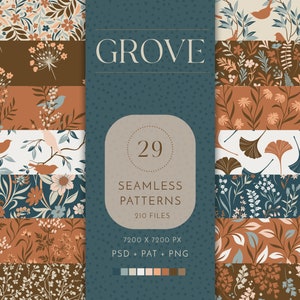 May include: A set of 29 digital seamless patterns featuring floral, leaf, and bird designs in a warm color palette of brown, orange, blue, and white. The patterns are labeled "GROVE" and are available in PSD, PAT, and PNG formats.
