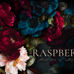 Op de afbeelding: Een close-up van een boeket met donkerrode, roze en blauwe bloemen met groene bladeren. De bloemen zijn in een cirkelvormige opstelling gerangschikt en de tekst "RASPBERRY floral clip art collection" staat onderaan de afbeelding.