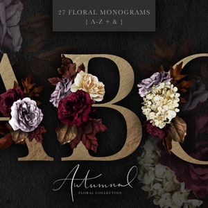 May include: 27 floral monograms in gold with autumnal floral arrangements in shades of burgundy, cream, and purple. The letters are A, B, and C. The text "Autumnal Floral Collection" is at the bottom of the image.