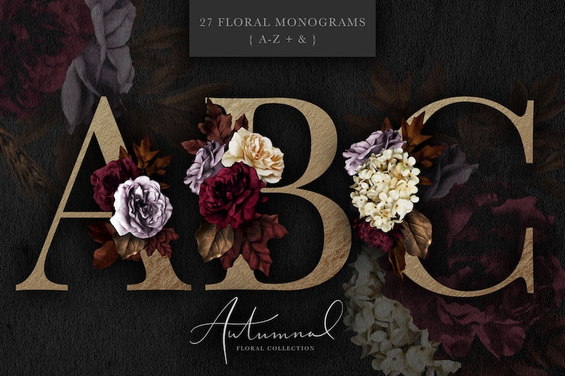 May include: 27 floral monograms in gold with autumnal floral arrangements in shades of burgundy, cream, and purple. The letters are A, B, and C. The text "Autumnal Floral Collection" is at the bottom of the image.