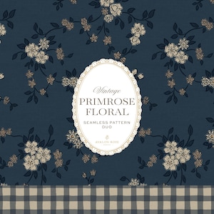 May include: A dark blue background featuring a repeating pattern of light beige primrose flowers and dark leaves. A central white oval label with a scalloped edge displays the text Vintage PRIMROSE FLORAL SEAMLESS PATTERN DUO. A gray and beige checkered border runs along the bottom.