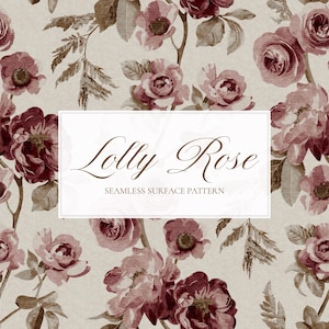 May include: A seamless surface pattern with a floral design of burgundy and dusty rose roses, with green and brown leaves on a cream background. The text "Lolly Rose" is displayed in a white rectangle.