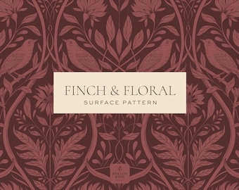 Vintage Bird and Floral Seamless Surface Pattern Burgundy – Hand-Drawn Art Nouveau Design
